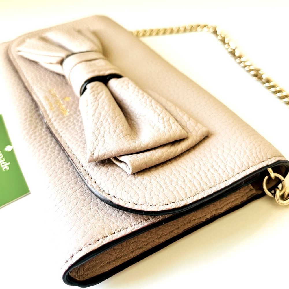 NWT Kate Spade  Clutch Chain Shoulder Leather Bag Bow Pebble Leather Mauve Pink